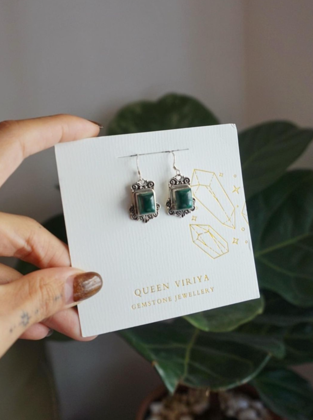 孔雀石方形花邊耳環 Malachite Square Earrings