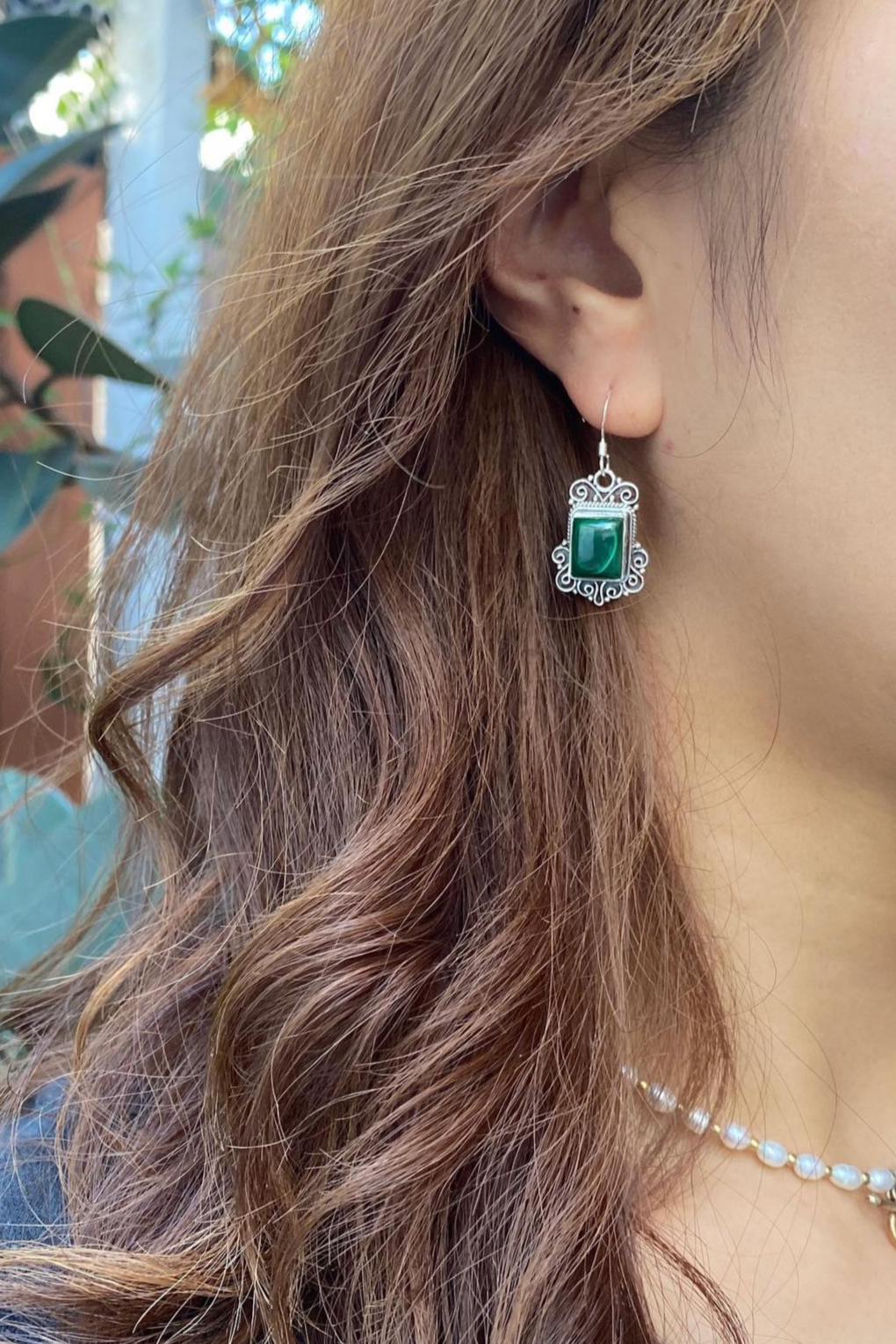 孔雀石方形花邊耳環 Malachite Square Earrings