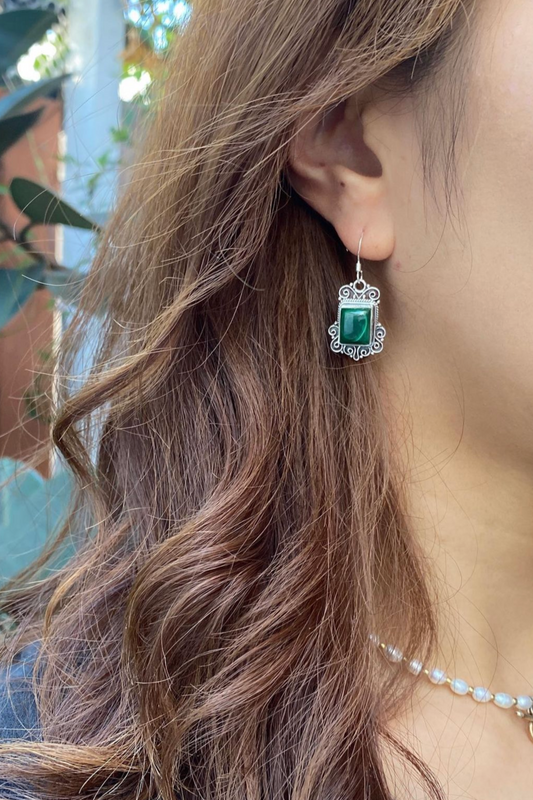 孔雀石方形花邊耳環 Malachite Square Earrings